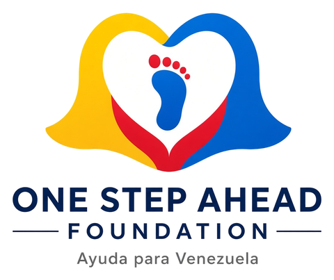 Logo de One Step Ahead Foundation: un corazón con los colores de Venezuela y una huella de pie. Ayuda para Venezuela.